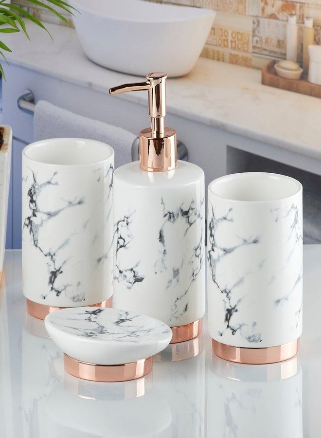 Kookee Ceramic Bathroom Set - Stylish 4 Piece Bath Accessories Kit with Soap Dispenser, Toothbrush Holder, Tumbler & Soap Dish - Modern & Designer Decor for Home & Guest Bathrooms, White/Gold (9600) - Image 2